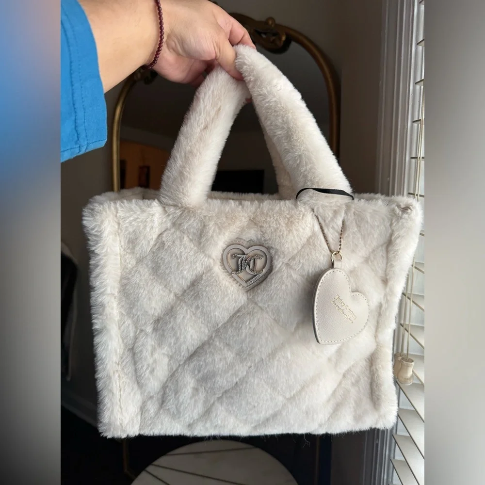 Juicy Couture Cream White Faux Fur Tote Bag Crossbody